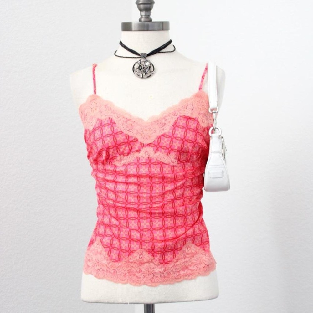 Y2k Vintage Express pink coquette lace trim cami 100% cotton womens size large